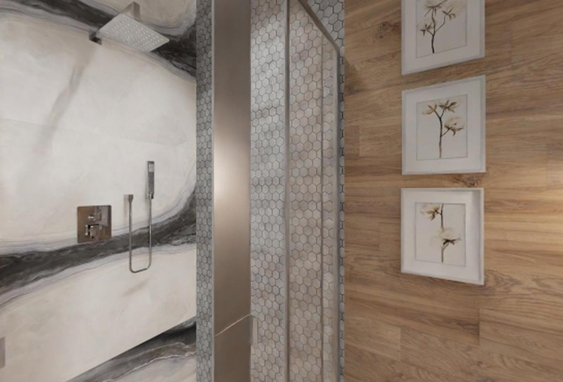 Sotgres, проект ванной комнаты из светлого глянцевого керамогранита /120*60/ с применением дерева и мозаики. НОВИНКА!!!